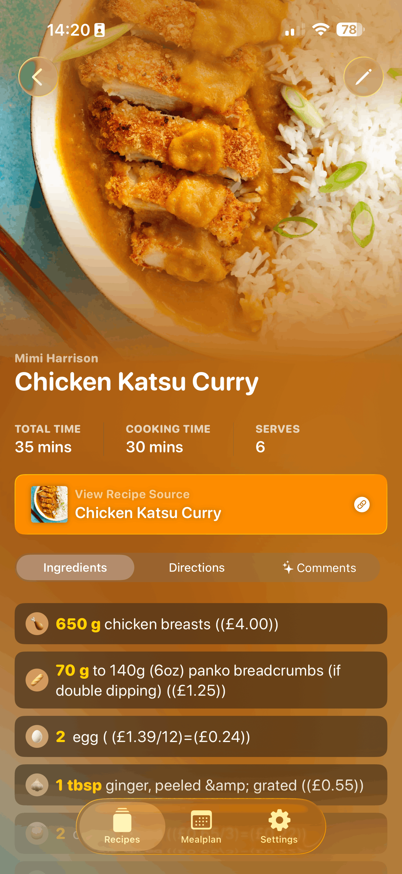 Sporkast - Image of the recipe page of the application. A recipe for Chicken Katsu Curry from BeatTheBudget. Shows the beautiful design & liquid glass implementation - as well as the ingredient tagging and AI features.